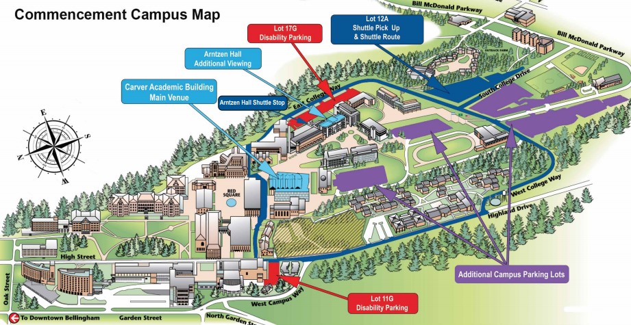 Map of campus, including parking lots, commencement venues and shuttle route