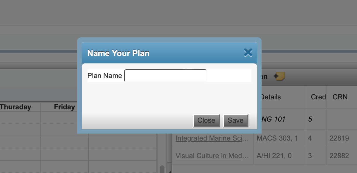 A pop-up window with the option to name your plan.