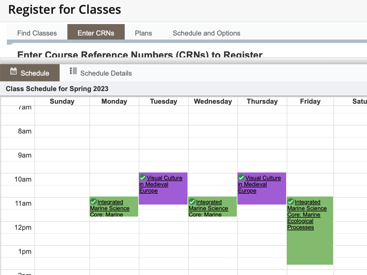 A student schedule is shown with courses in different colors corresponding to their time slot.