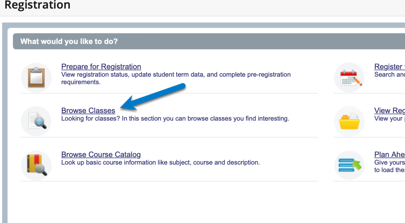 Blue arrow points at Browse Classes link.