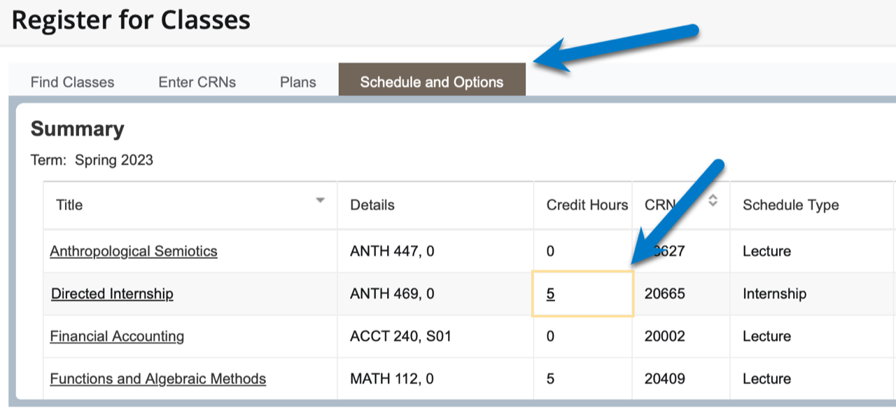 Arrows pointing to "Schedule and Options" and field where credit hours can be changed.