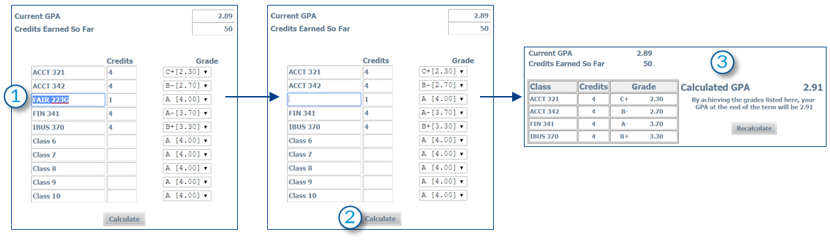 removing a class from the term GPA calculator in Degree Works, screenshot
